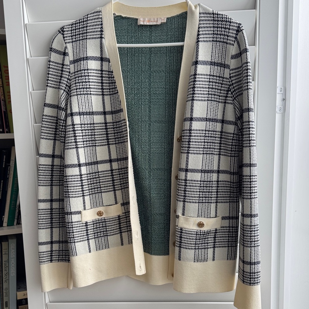 Tory Burch Navy Blue and Cream Plaid Cardigan
